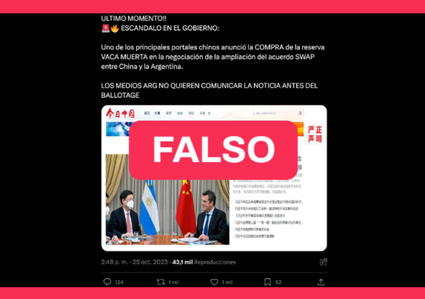 Aclaran que es falsa una supuesta noticia que anuncia la venta de Vaca Muerta a China